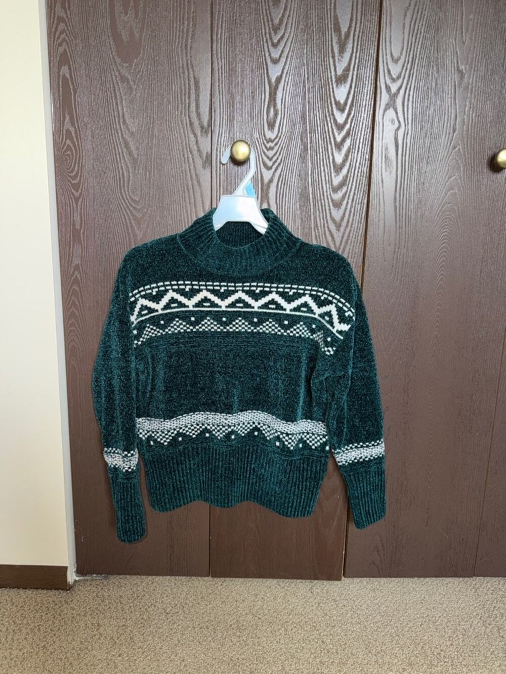 Christian Siriano Forest Green and Cream Patterned Turtleneck Sweater